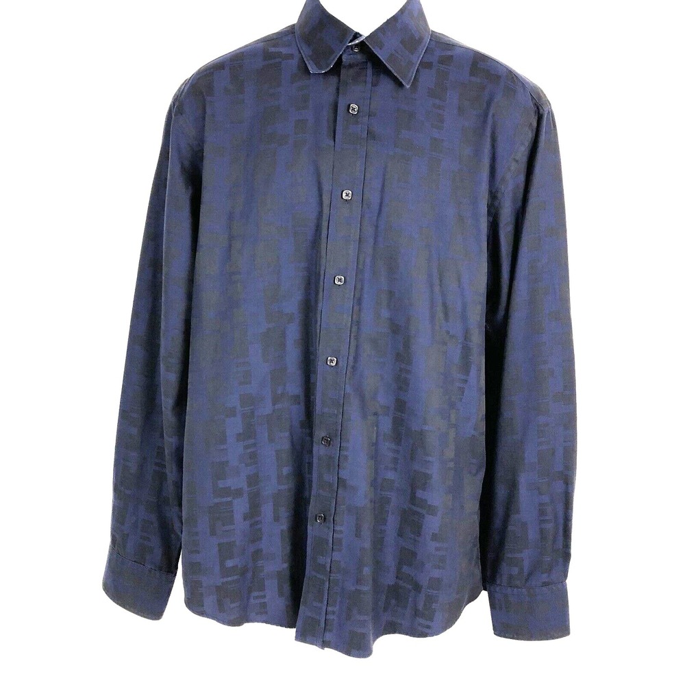 Bugatchi Uomo Shirt Men L dark blue black Geometric Shiny Button up Long Sleeve